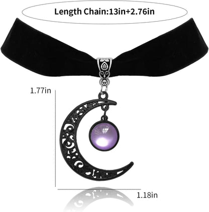 Black velvet moon crystal choker necklace for women, gothic style with elegant moon pendant and sparkling crystals.