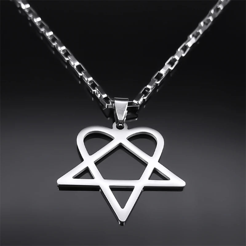 Stainless steel Heartagram Star Necklace featuring goth punk design, unisex hip hop rock jewelry for men and women.