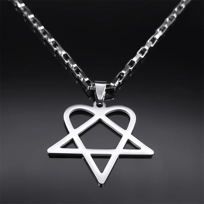Stainless steel Heartagram Star Necklace featuring goth punk design, unisex hip hop rock jewelry for men and women.
