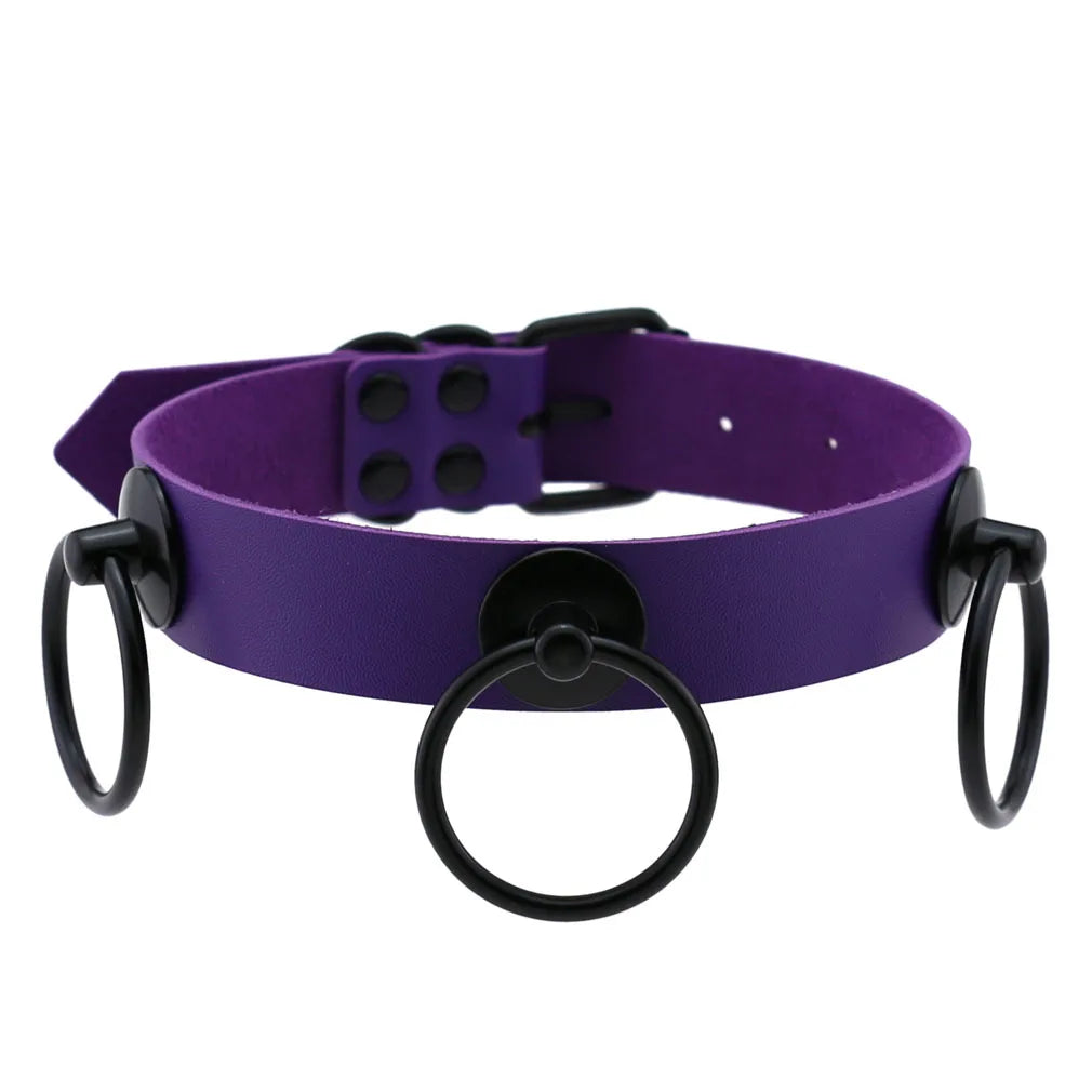 Purple goth punk leather choker necklace with black rivets and metal chain, unisex edgy emo harajuku style accessory for Halloween cosplay