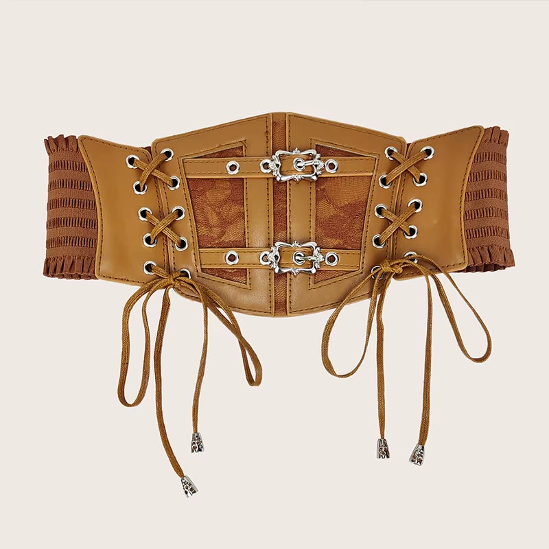 Plus size elastic lace corset belt for women, wide brown and white stretch cummerbund, ideal for goth punk fashion accessories