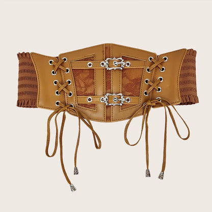Plus size elastic lace corset belt for women, wide brown and white stretch cummerbund, ideal for goth punk fashion accessories