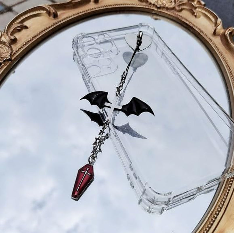 1Pc Black Winged Mobile Phone Chain Pendant,Decor,Goth Y2K Phone Charm Pendant, Kawaii-Key Chain for Bag,Cute Accessory Women Guitar Strap Lanyard Beaded Keychain Pendants,Accessories,Cell Phone Charms