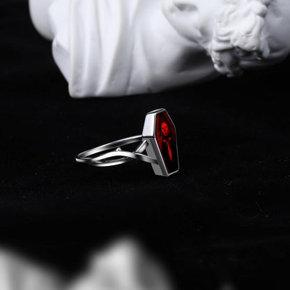 Goth Vampire Coffin Rings - 925 Sterling Silver Vintage Red Thorn Coffin Ring Charm Jewelry Gifts for Mens Women 6-10#