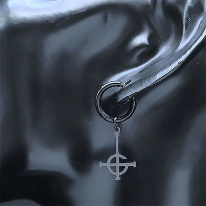 Gothic Ghost BC Nameless dangle earrings with stainless steel ghoul band, pope mask, and cross design, jewelry by PressureDen.store