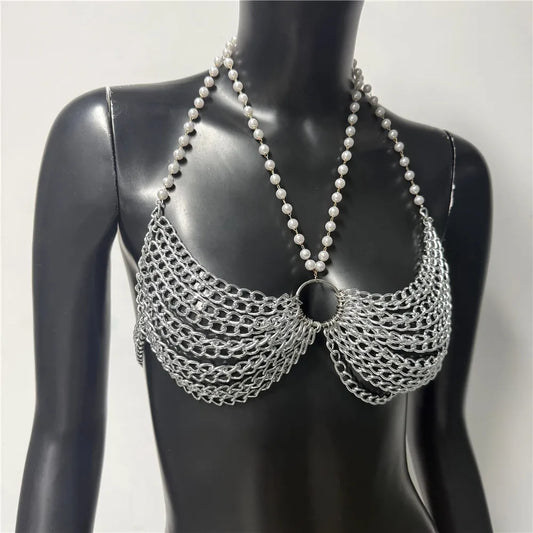 Dare to Shine: Summer Backless Deep V Chain Halter Crop Top for Rave & Nightclub Fun