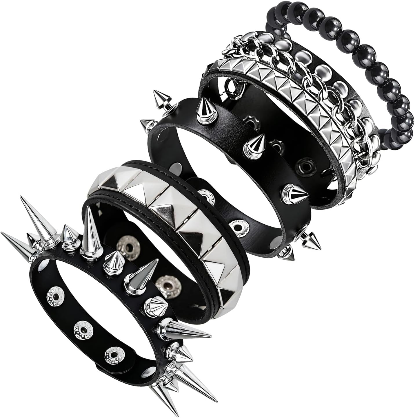 Black spiked bracelet set with five adjustable gothic emo punk cuffs by KHRYPTXH, featuring bold, edgy design for all styles.