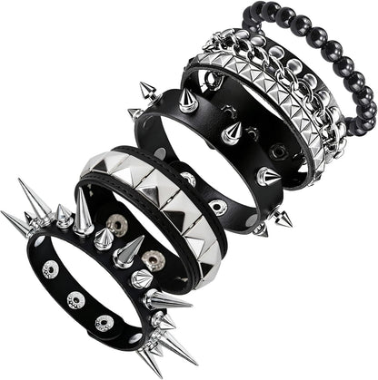 Black spiked bracelet set with five adjustable gothic emo punk cuffs by KHRYPTXH, featuring bold, edgy design for all styles.