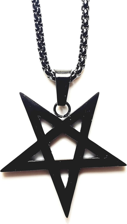 Gothic inverted pentagram necklace with occult design, black metal pendant on a chain, perfect for witches and alternative fashion.