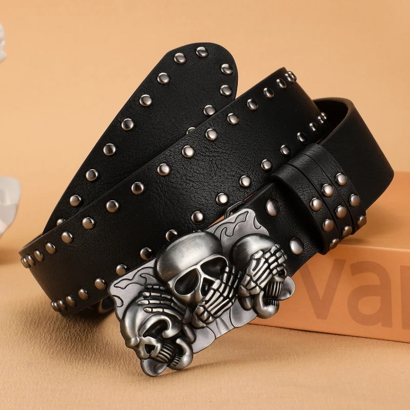 Luxury Punk Goth rivet belt with paw skull buckle, high-quality black jeans belt for men and women, stylish and durable accessory.