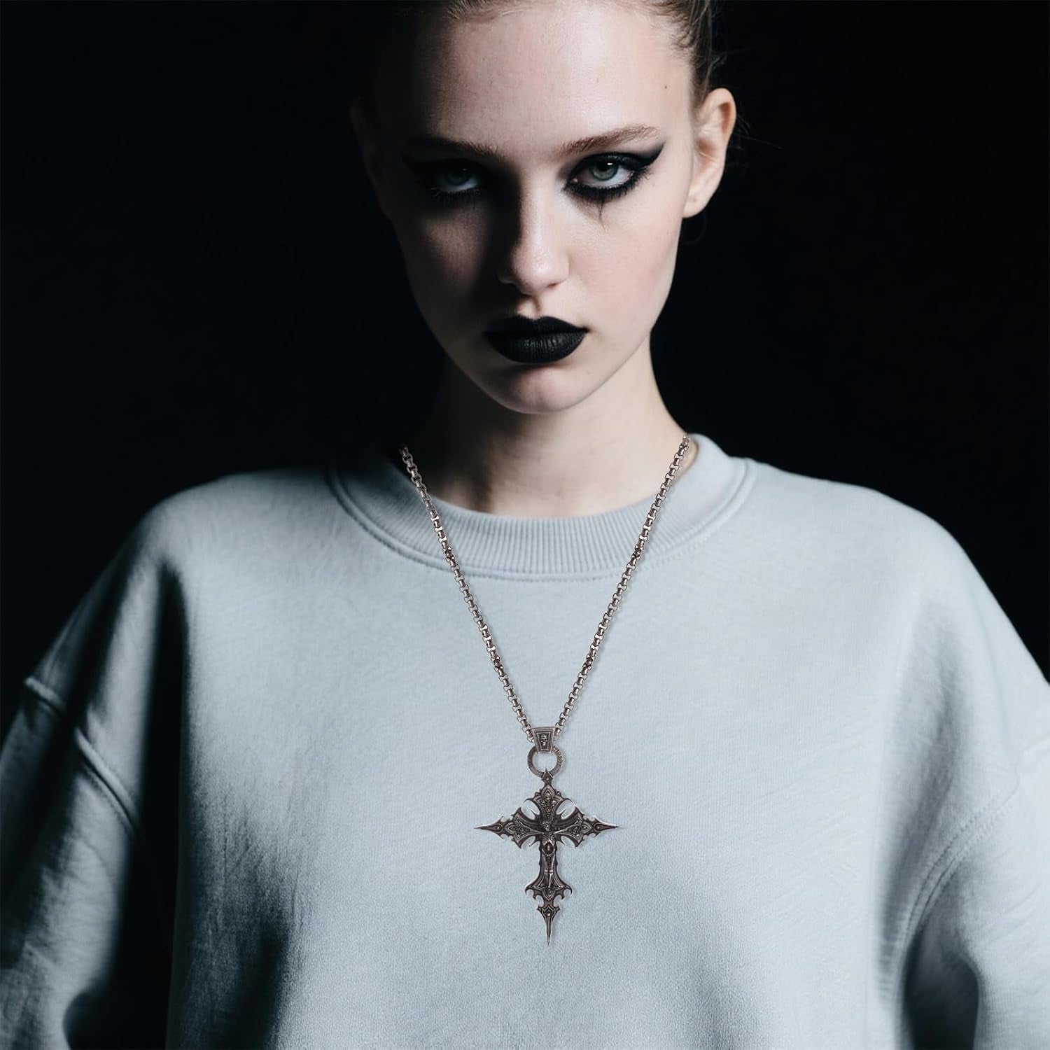 Cluksik gothic cross necklace with dark metal design, perfect for grunge and emo fashion, daily wear or special occasions.