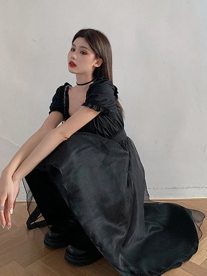 Y2K Harajuku Gothic dress by PressureDen.store featuring ruffles, mini length, perfect for E-Girl, Kawaii, and Fairycore fashion styles.