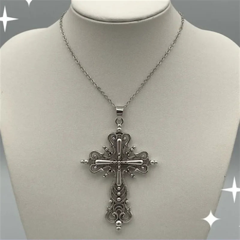 Gothic cross pendant necklace with dark punk style jewelry for men and women, featuring a mystical design and intricate details.