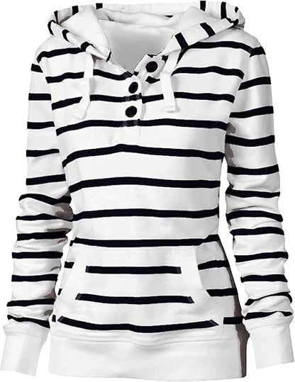 Chic women's V-neck hooded stripe sweatshirt with long sleeves and front pockets, perfect for fall casual wear by PressureDen.store