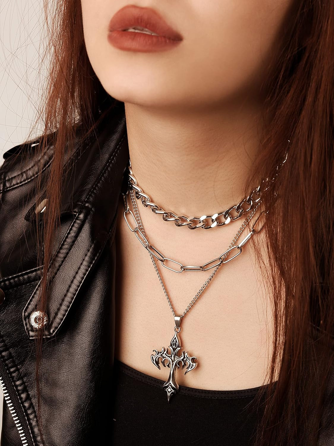 Gothic layered cross choker necklace by Sacina with dark metal chains, perfect for emo, grunge, or Halloween-inspired outfits.