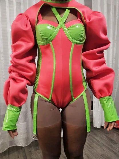 Vibrant Pink and Green Color-Blocked Bodysuit with Bold Bubble Sleeves for Dazzling Drag Performances and Nightclub Nights