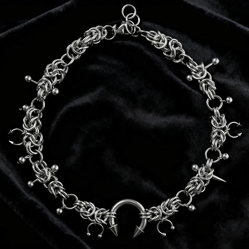 Punk Fashion Stainless Steel Rivet Horseshoe Ring DIY Pendant Necklace for Women Cool Fashion Goth Jewelry Grunge Choker