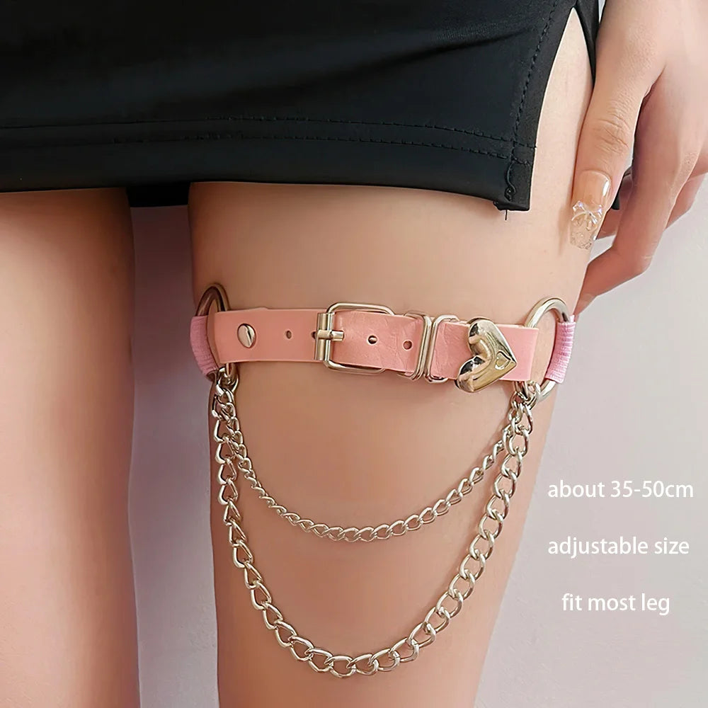 Sexy Leather Heart Belt Elastic Leg Thigh Garter Girl Women Harness Goth Accessories Black Gothic Rivet Punk Anklet