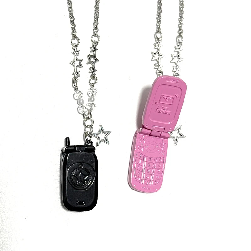 Punk 90S Aesthetic Pink Phone Pendant Necklace for Women Cartoon Goth Star Beads Pendant Y2K Necklace Jewelry Harajuku Fashion