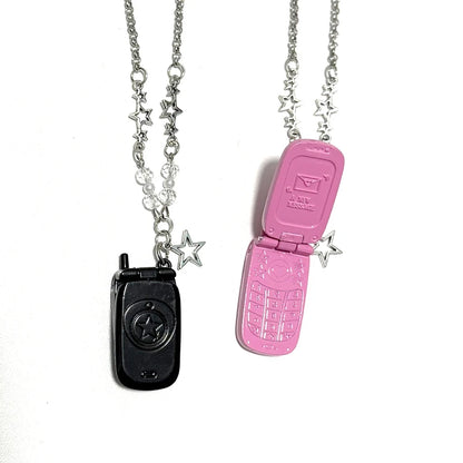 Punk 90S Aesthetic Pink Phone Pendant Necklace for Women Cartoon Goth Star Beads Pendant Y2K Necklace Jewelry Harajuku Fashion
