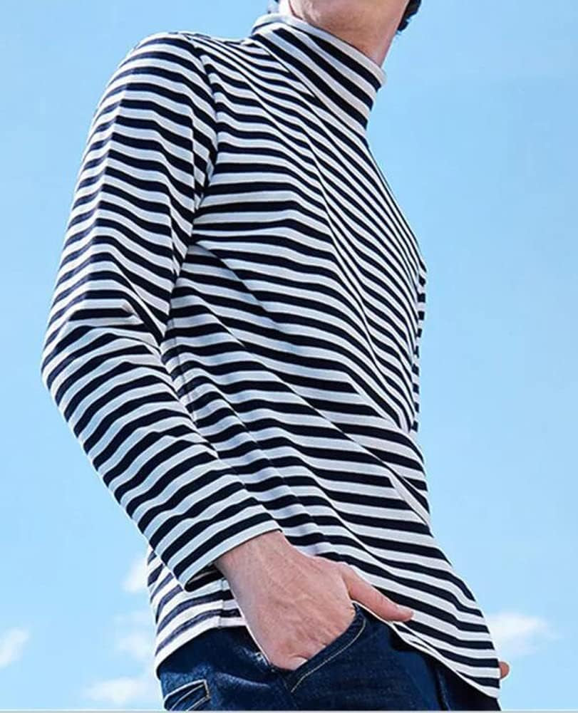 Mens Shirt Striped Black White Cotton Spandex Crewneck Long Sleeve Basic Pullover Stripe Casual Crew Tee Shirt
