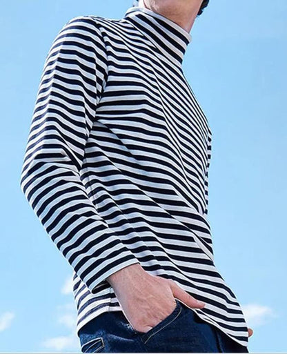 Mens Shirt Striped Black White Cotton Spandex Crewneck Long Sleeve Basic Pullover Stripe Casual Crew Tee Shirt