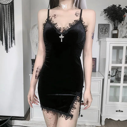 Black Gothic Glam mini dress with high waist slit and spaghetti straps, featuring a dark cross design, perfect for a stylish night out.