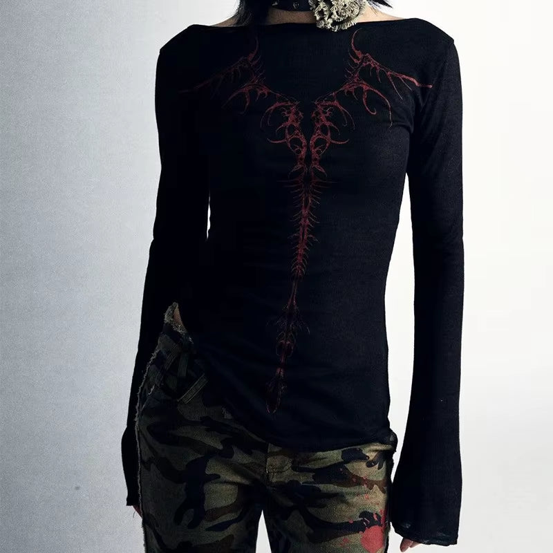 90s vintage emo graphic print long sleeve T-shirt for women, featuring grunge Y2K style, goth punk streetwear from PressureDen.store