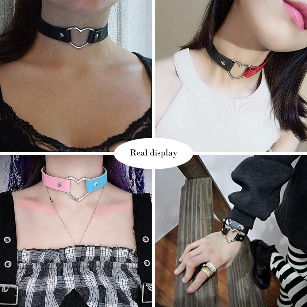 Heart Leather Choker Punk Necklace Goth Soft PU Collar for Women Men Girls Adjustable