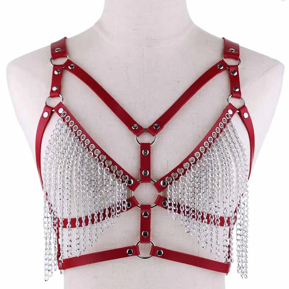Leather Chain Harness Body Chain Bra Goth Punk Sexy Chain Top Women Body Jewelry Summer Festival Fashion Rave Outfit
