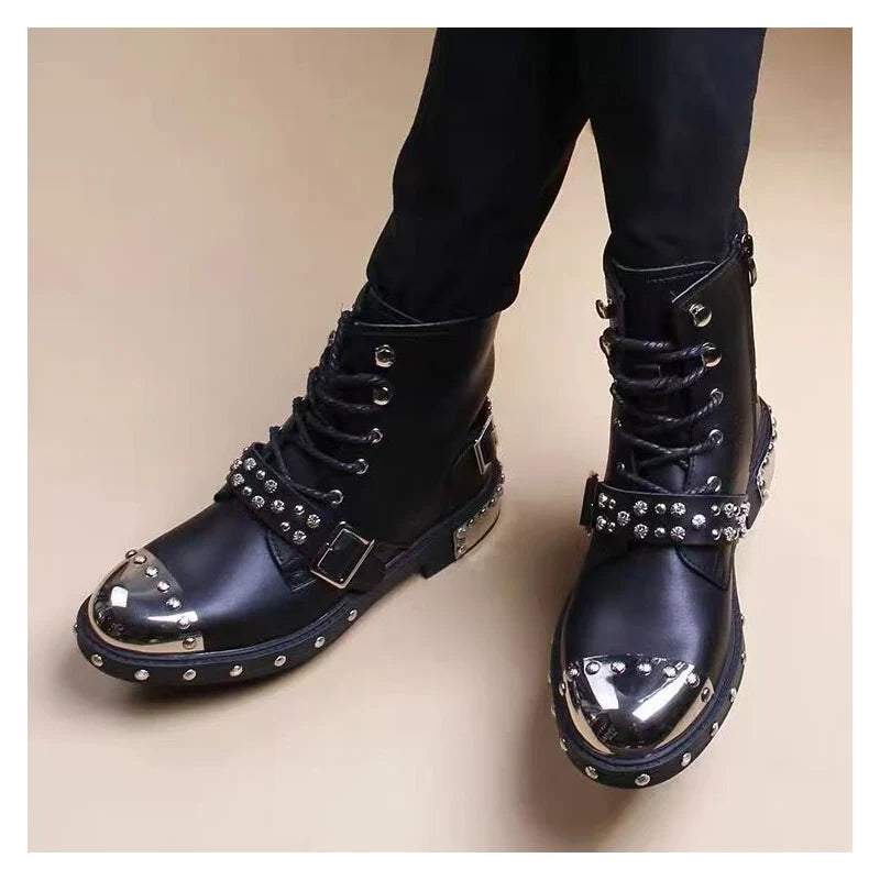 Men's luxury punk goth motorcycle boots with lace-up leather design, rivets, and platform soles, featuring a rugged cowboy style.