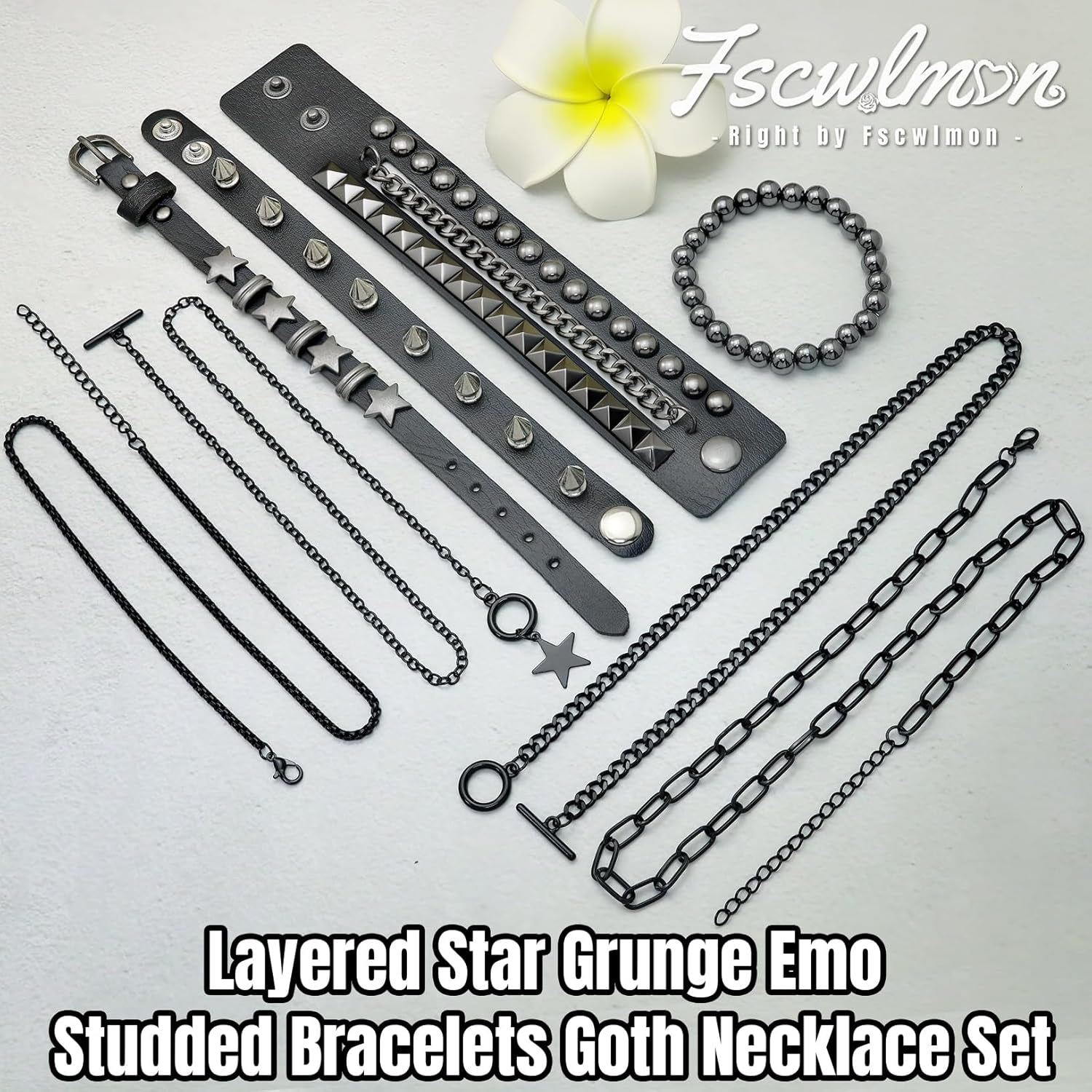 Layered star grunge emo bracelet and necklace set with gothic punk style, featuring multiple black accessories for Y2K fashion enthusiasts.
