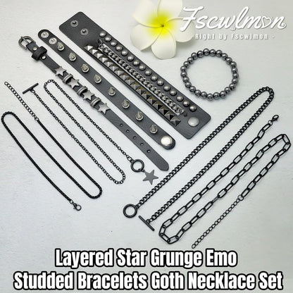 Layered star grunge emo bracelet and necklace set with gothic punk style, featuring multiple black accessories for Y2K fashion enthusiasts.