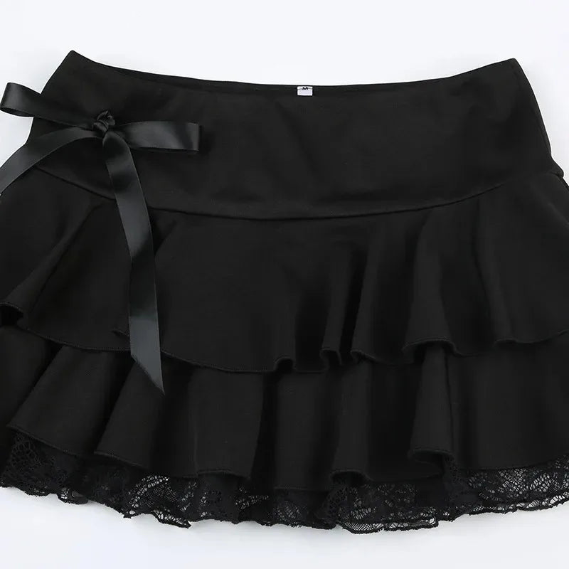 Black lace trim bow A-line mini skirt for women, trendy goth Y2K Korean streetwear fashion from PressureDen.store