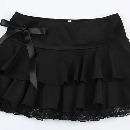 Black lace trim bow A-line mini skirt for women, trendy goth Y2K Korean streetwear fashion from PressureDen.store
