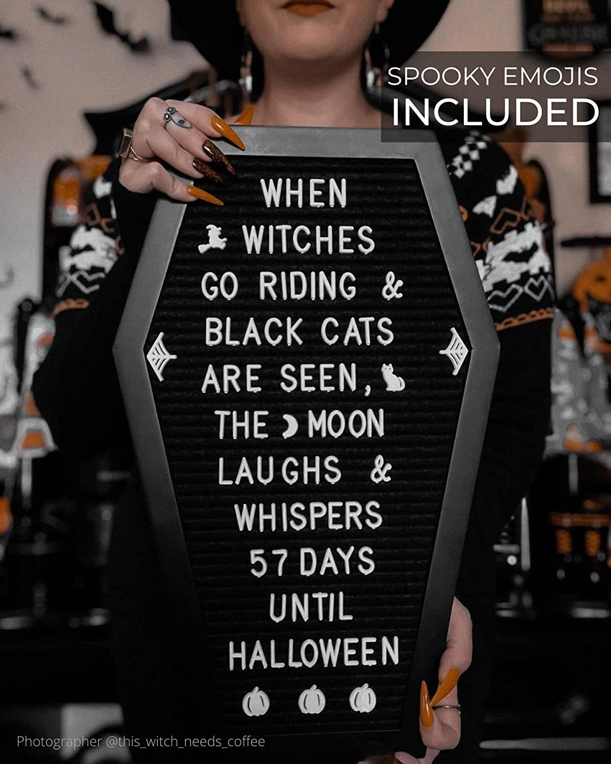 Coffin Letter Board Black +3D Bat Stickers +650 Characters, Spooky Seasonal Emojis, Wooden Stand - 17X10.5 Inches - Coffin Shaped Goth Decor Sign Halloween Decorations Gothic Decor Birthday Home Spooky Gifts