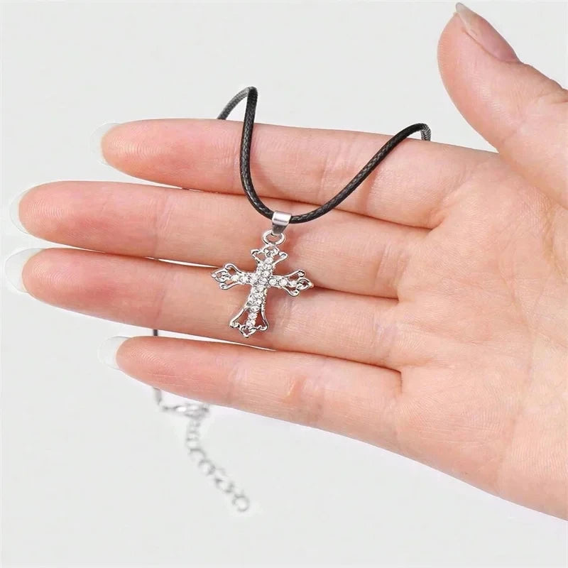 Rhinestone cross choker necklace with spiral design, gothic punk style jewelry for women, featuring sparkling rhinestones and bold statement look