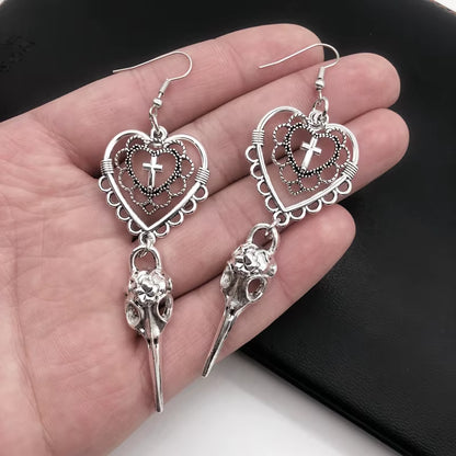 Gothic Heart Cross Bird Skull Earrings Jewellery Design Dark Art Goth Aesthetic Dangle Earrings for Alternative Girl Punk Gifts