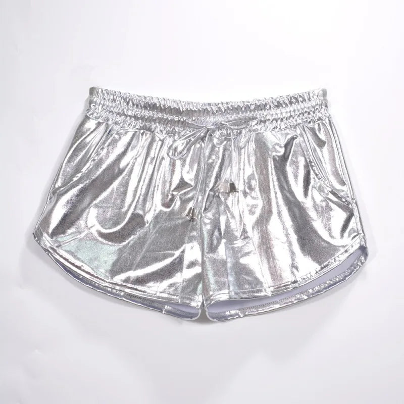Summer Festival Ready: Women's Holographic Metallic Elastic Drawstring Shorts for Effortless Style