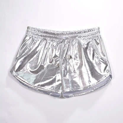 Summer Festival Ready: Women's Holographic Metallic Elastic Drawstring Shorts for Effortless Style