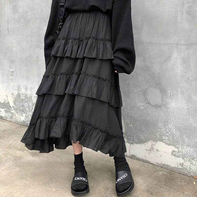 Gothic Lolita high-waisted asymmetrical midi skirt with ruffles, summer maxi skirt for women, black and layered design.