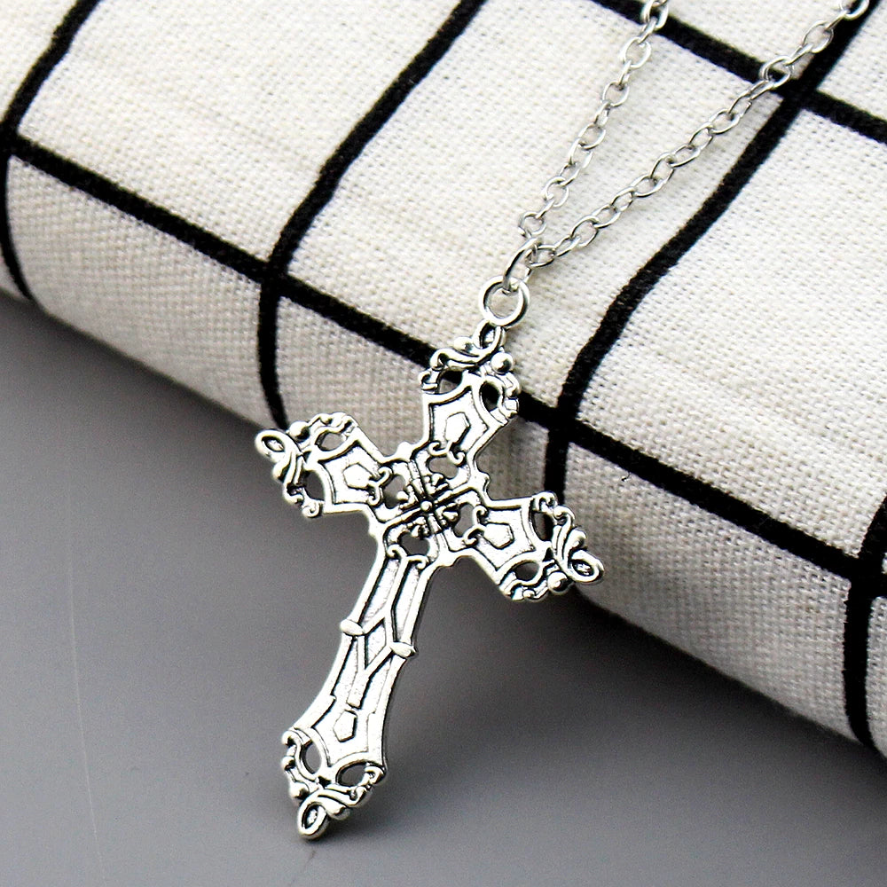 Vintage Baroque cross pendant necklace with gothic grunge chain, Y2K style jewelry for men and women, featuring intricate design details.