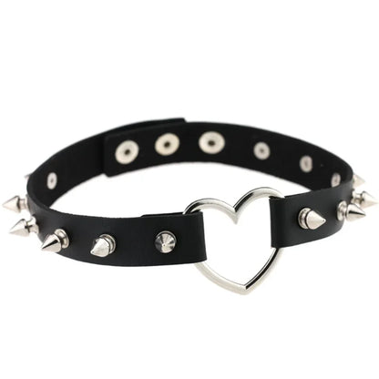 Black PU leather choker with heart rivets, Y2K goth punk necklace from PressureDen.store, featuring trendy edgy jewelry for girls.