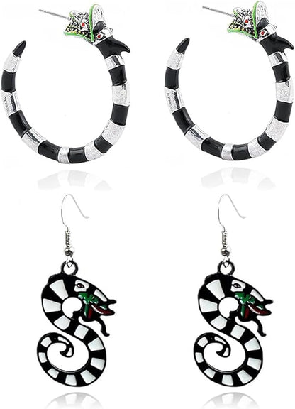 Gothic coral snake earrings by wsycoo featuring spooky enamel sandworm design for Halloween and cosplay costume jewelry.