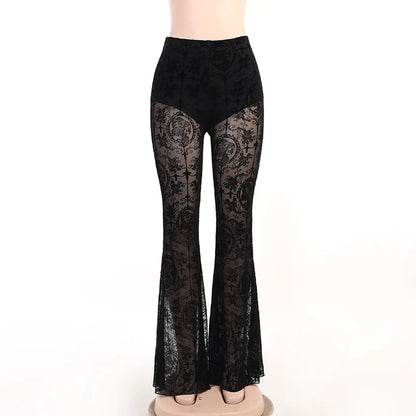 Gothic vintage flocking flare pants with high waist and mesh fabric, stylish punk and grunge-inspired trousers by PressureDen.store