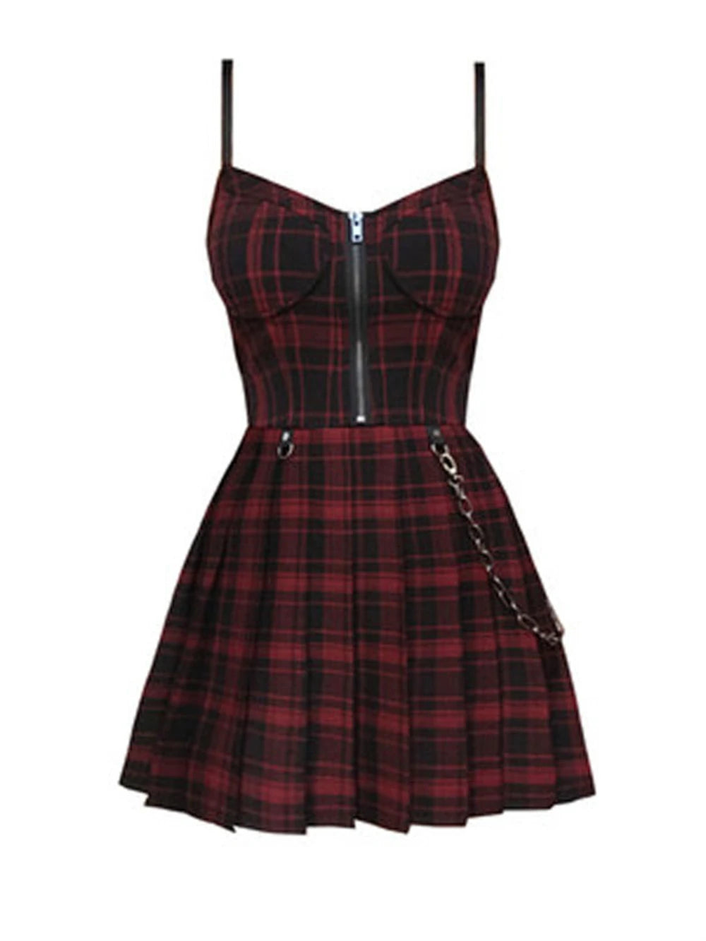 Gothic Lolita plaid mini dress with spaghetti straps, Y2K egirl punk style, perfect for emo alt streetwear fashion.