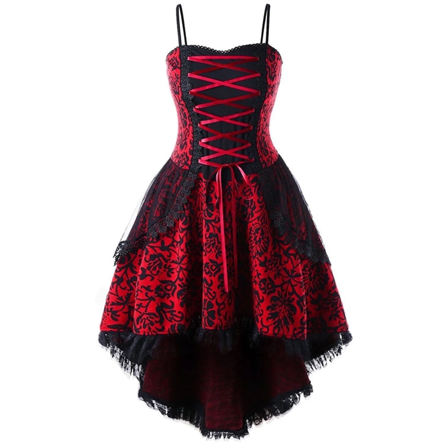 Plus size goth corset dress with lace trim, sleeveless steampunk Halloween costume featuring spooky black design and fitted silhouette.