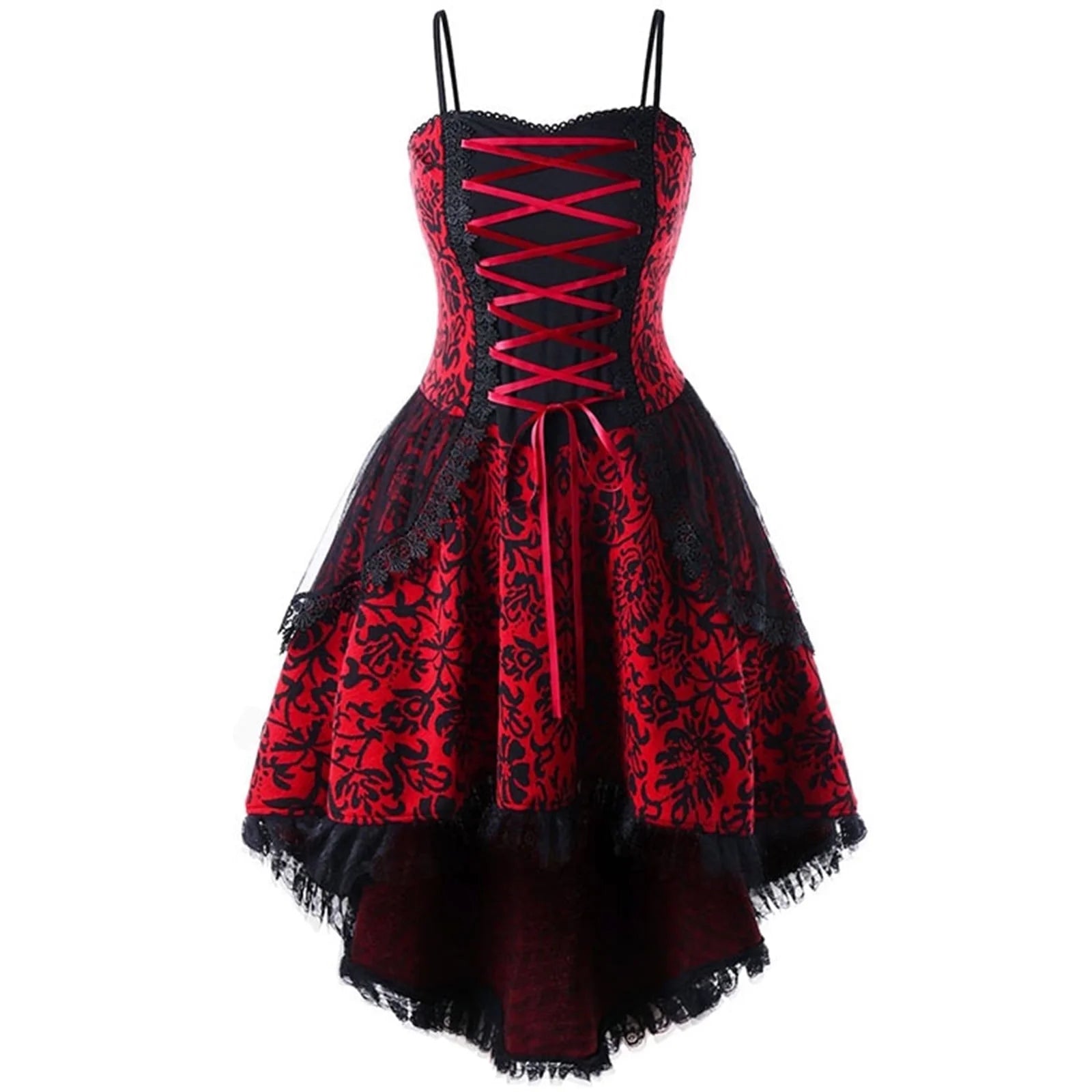 Plus size goth corset dress with lace trim, sleeveless steampunk Halloween costume featuring spooky black design and fitted silhouette.