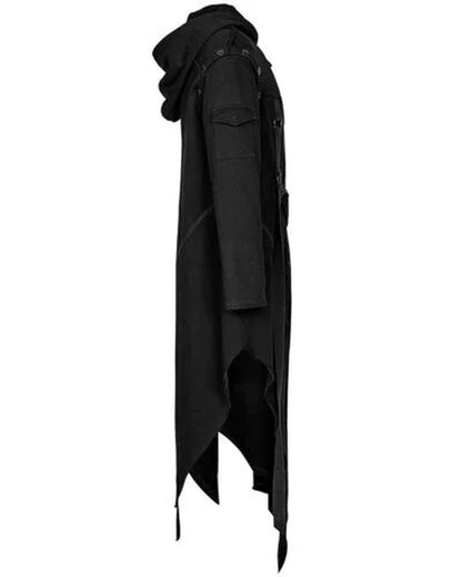 Black punk hooded jacket with edgy design, goth and dystopian style, featuring bold details for men, by PressureDen.store