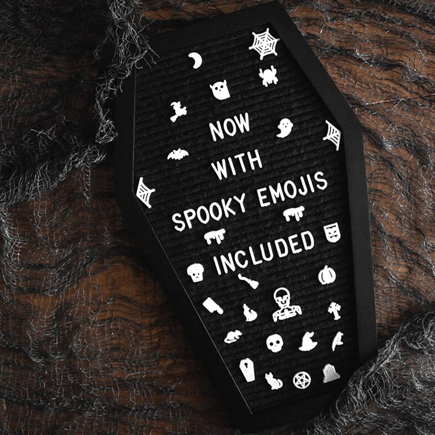 Coffin Letter Board Black +3D Bat Stickers +650 Characters, Spooky Seasonal Emojis, Wooden Stand - 17X10.5 Inches - Coffin Shaped Goth Decor Sign Halloween Decorations Gothic Decor Birthday Home Spooky Gifts